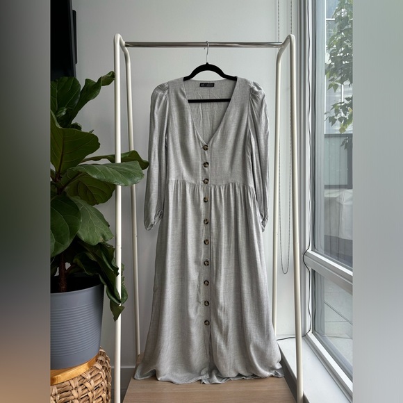 Zara Dresses & Skirts - ZARA | Long Sleeve V-Neck Linen-Look Midi Dress with Buttons M